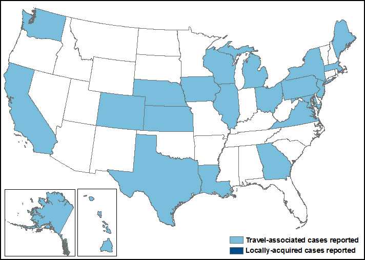 Map of the United States showing states reporting travel-associated chikungunya virus disease cases, including, Alaska, California, Colorado, Georgia, Illinois, Iowa, Kansas, Louisiana, Maine, Maryland, Massachusetts, Michigan, Nebraska, New Jersey, New York, Ohio, Pennsylvania, Texas, Virginia, Washington, and Wisconsin