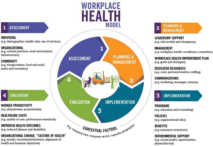 Workplace Health Model and Contextual Factors: (1) Assessment, (2) Planning and Management, (3) Implementation, and (4) Evaluation. Assessment includes Individual (e.g. demographics, health risks, use of services), Organizational (e.g. current practices, work environment, infrastructure) and Community (e.g. transportation, food and retail, parks and recreation). Planning and Management includes: Leadership Support (e.g. role models and champions), Management (e.g. workplace health coordinator, committee), Workplace Health Improvement Plan (e.g. goals and strategies), Dedicated Resources (e.g. costs, partners/vendors, staffing), and Communications (e.g. marketing, messages, systems). Implementation includes: Programs (e.g. education and counseling), Policies (e.g. organizational rules), Benefits (e.g. insurance, incentives), and Environmental Support (e.g. access points, opportunities, physical/social). Evaluation includes: Worker Productivity (e.g. absenteeism, presenteeism), Healthcare Costs (e.g. quality of care, performance standards), Improved Health Outcomes (e.g. reduced disease and disability), and Organizational Change, "Culture of Health" (e.g. morale, recruitment/retention, alignment of health and business objectives).