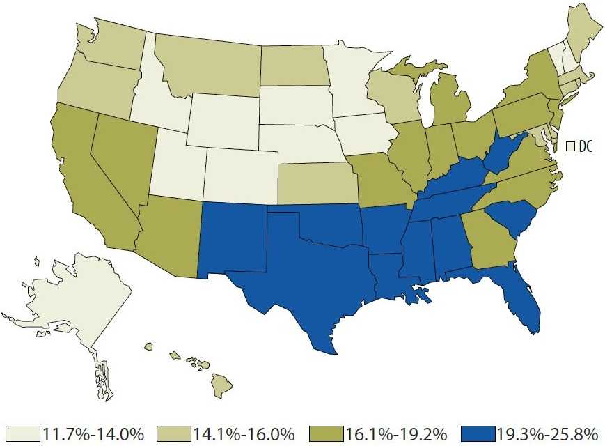US map shows variations across the country in the prevalence of adults who reported fair or poor health in 2014. For details, see the complete data points at link provided below.