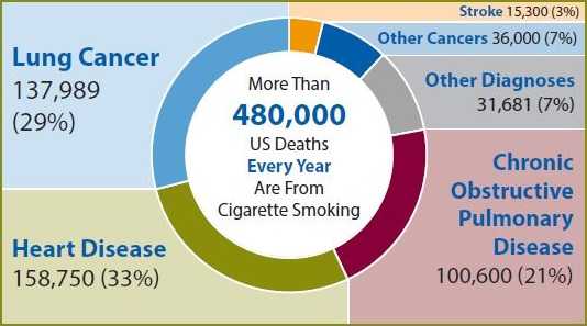 More than 480,000 US Deaths Every Year Are From Cigarette Smoking: Lung Cancer 137,989 (29%); Heart Disease 158,750 (33%); Stroke 15,300 (3%); Other Cancers 36,000 (7%); Other Diagnoses 31,681 (7%); Chronic Obstructive Pulmonary Disease 100,600 (21%)