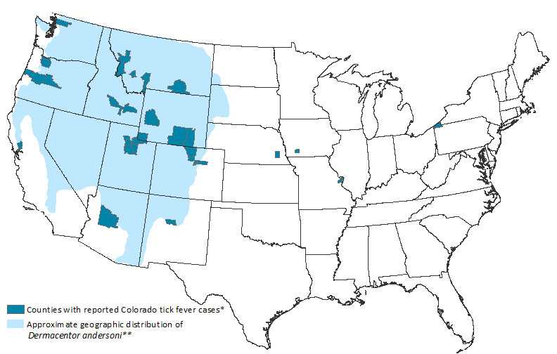 Approximate geographic distribution of Dermacentor andersoni ticks and counties of residence for laboratory-confirmed Colorado tick fever virus disease cases, United States, 2002–2012 - Cases are concentrated in the Western United States