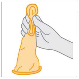 Fingers squeezing thick, inner ring of female condom to prepare to insert it.