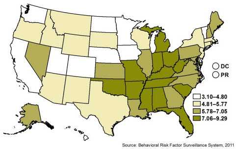 Behavioral Risk Factor Surveillance System 2011 prevalence data showing percentage of adult population by state or territory that reported ever being told by a physician or health professional that they had chronic obstructive pulmonary disease (COPD), chronic bronchitis, or emphysema