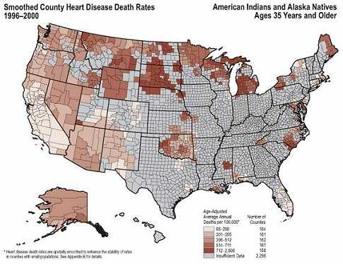 Heart Disease Death Rates for 1996 through 2000 for American Indians and Alaska Natives Aged 35 Years and Older by County. The map shows that concentrations of counties with the highest heart disease rates—meaning the top quintile—are located primarily in South Dakota, North Dakota, Wisconsin, and Michigan.