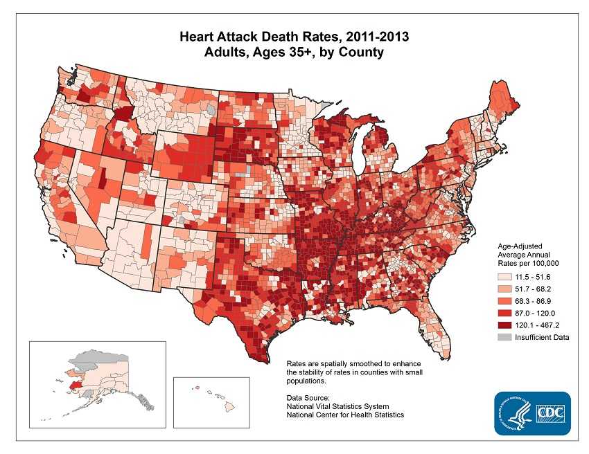 Age adjusted average annual deaths per 100,000 among adults ages 35 and older, by county. Rates range from 11.5 to 467.2 per 100,000. The map shows that concentrations of counties with the highest heart disease death rates - meaning the top quintile - are located primarily in Arkansas, Kentucky, Tennessee, Missouri, and parts of South Dakota and Texas.