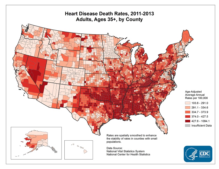 Age adjusted average annual deaths per 100,000 among men ages 35 and older, by county. Rates range from 103.6 to 1094.1 per 100,000.  The map shows that concentrations of counties with the highest heart disease death rates - meaning the top quintile - are located primarily in Mississippi, Oklahoma, Louisiana, Arkansas, and Alabama.  Pockets of high-rate counties also were found in Georgia, Kentucky, Tennessee, Missouri, and Nevada.