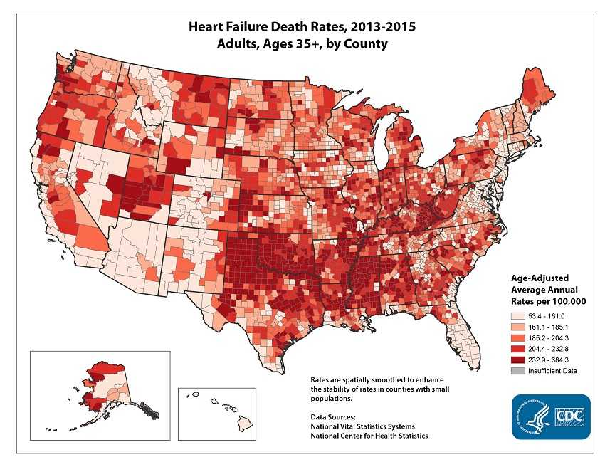 Heart Failure Death Rates, 2013-2015. Age-adjusted average annual deaths per 100,000 among adults ages 35 and older, by county. Rates range from 53.4 to 684.3 per 100,000. The map shows that concentrations of counties with the highest heart disease death rates - meaning the top quintile - are located primarily in Mississippi, Oklahoma, northern Texas, Arkansas, eastern Kentucky and Utah.