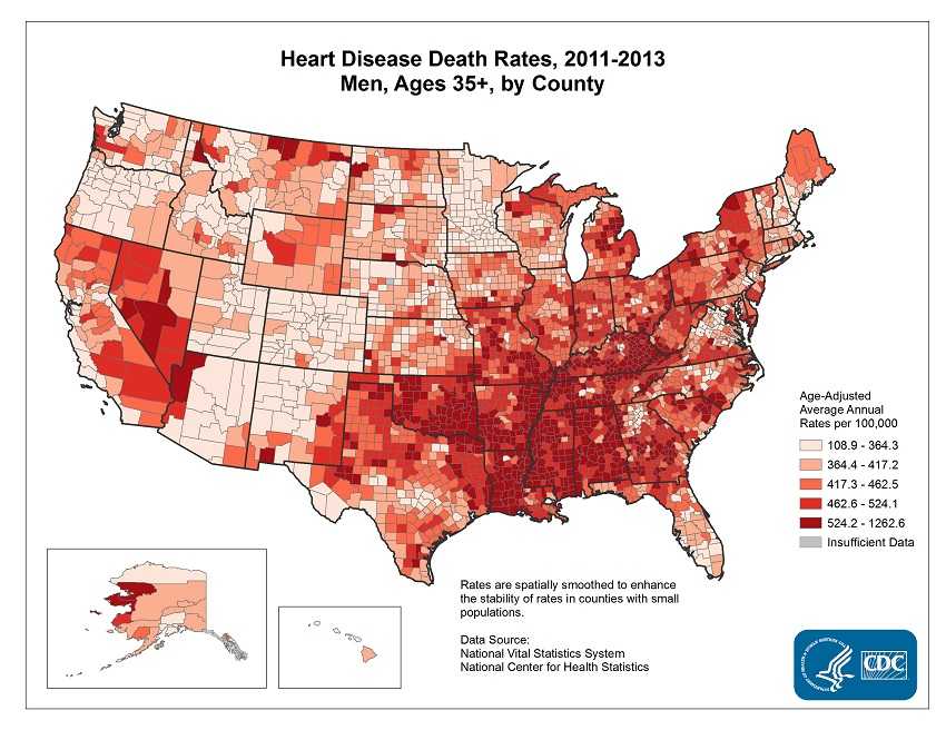 Age adjusted average annual deaths per 100,000 among men ages 35 and older, by county. Rates range from 108.9 to 1262.6 per 100,000. The map shows that concentrations of counties with the highest heart disease death rates - meaning the top quintile - are located primarily in Alabama, Mississippi, Louisiana, Oklahoma, southern Georgia, eastern Kentucky, and parts of Arkansas and Tennessee.
