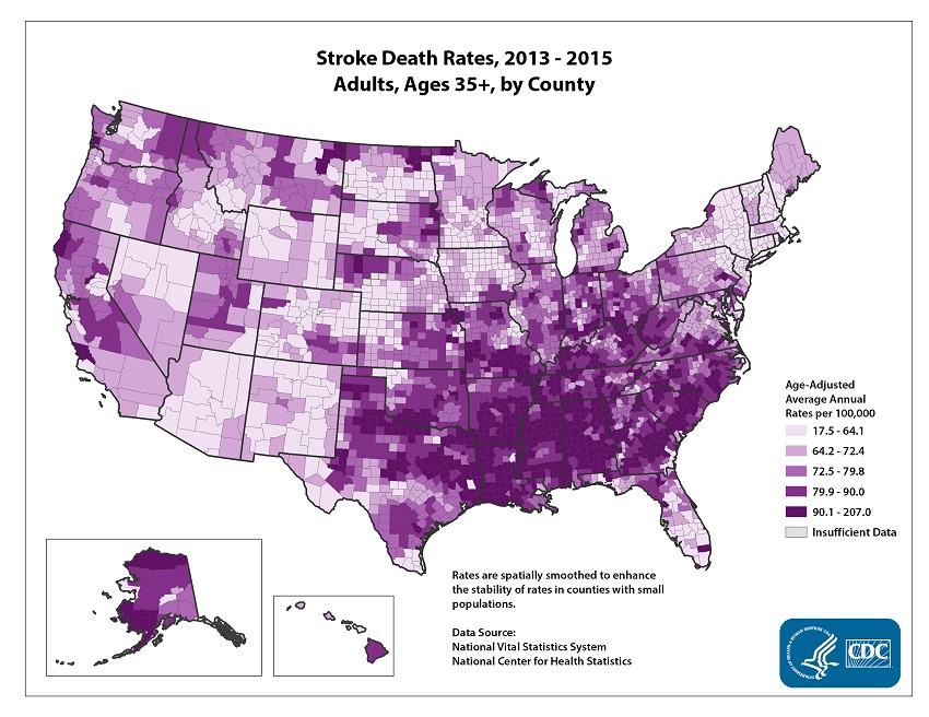 Age adjusted average annual deaths per 100,000 among adults ages 35 and older, by county. Rates range from 17.5 to 207.0 per 100,000. The map shows that concentrations of counties with the highest stroke death rates - meaning the top quintile - are located primarily in the Southeast, with heavy concentrations of high-rate counties in Arkansas, Alabama, Louisiana, Mississippi, and north Texas. 