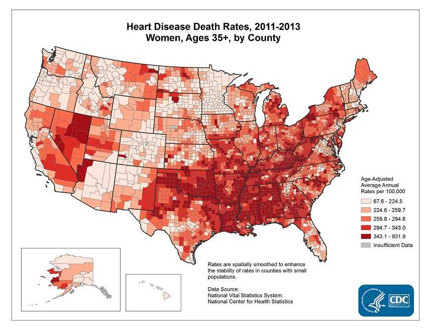 Age adjusted average annual deaths per 100,000 among women ages 35 and older, by county. Rates range from 67.6 to 931.9 per 100,000. The map shows that concentrations of counties with the highest heart disease death rates - meaning the top quintile - are located primarily in Alabama, Mississippi, Louisiana, Oklahoma, southern Georgia, eastern Kentucky, northeastern Nevada, and parts of Arkansas and Tennessee.