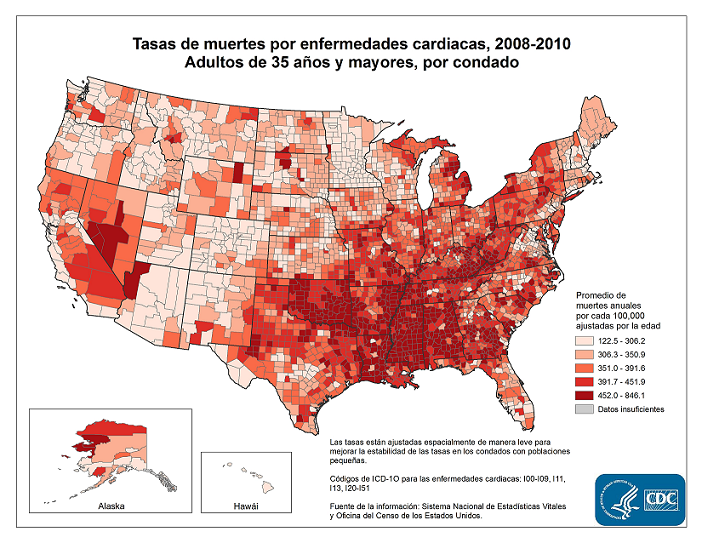 Tasas de muertes por enfermedades cardiacas, 2008-2010. Promedio de muertes anuales ajustadas por la edad por cada 100,000 personas entre adultos de 35 años y mayores, por condado. Las tasas oscilan entre 109.8 y 750.8 por cada 100,000. Los condados con las tasas más altas se ubican mayoritariamente en Alabama, Luisiana, Misisipi, Oklahoma, el sur de Georgia, el este de Kentucky, el noreste de Michigan y el sur de California.
