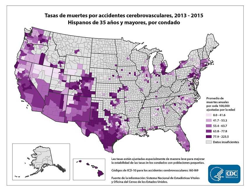 Promedio de muertes anuales ajustadas por la edad por cada 100,000 personas entre Hispanos de 35 años y mayores, por condado. Las tasas oscilan entre 0.0 y 223.5 por cada 100,000. Los condados con las tasas más altas se ubican mayoritariamente en el suroeste de los Estados Unidos, incluidos Colorado y el oeste de Texas, y en Hawaii.