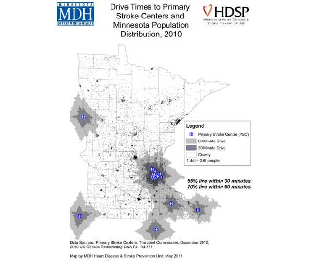 Drive Times to Primary Stroke Centers and Minnesota Population Distribution, 2010