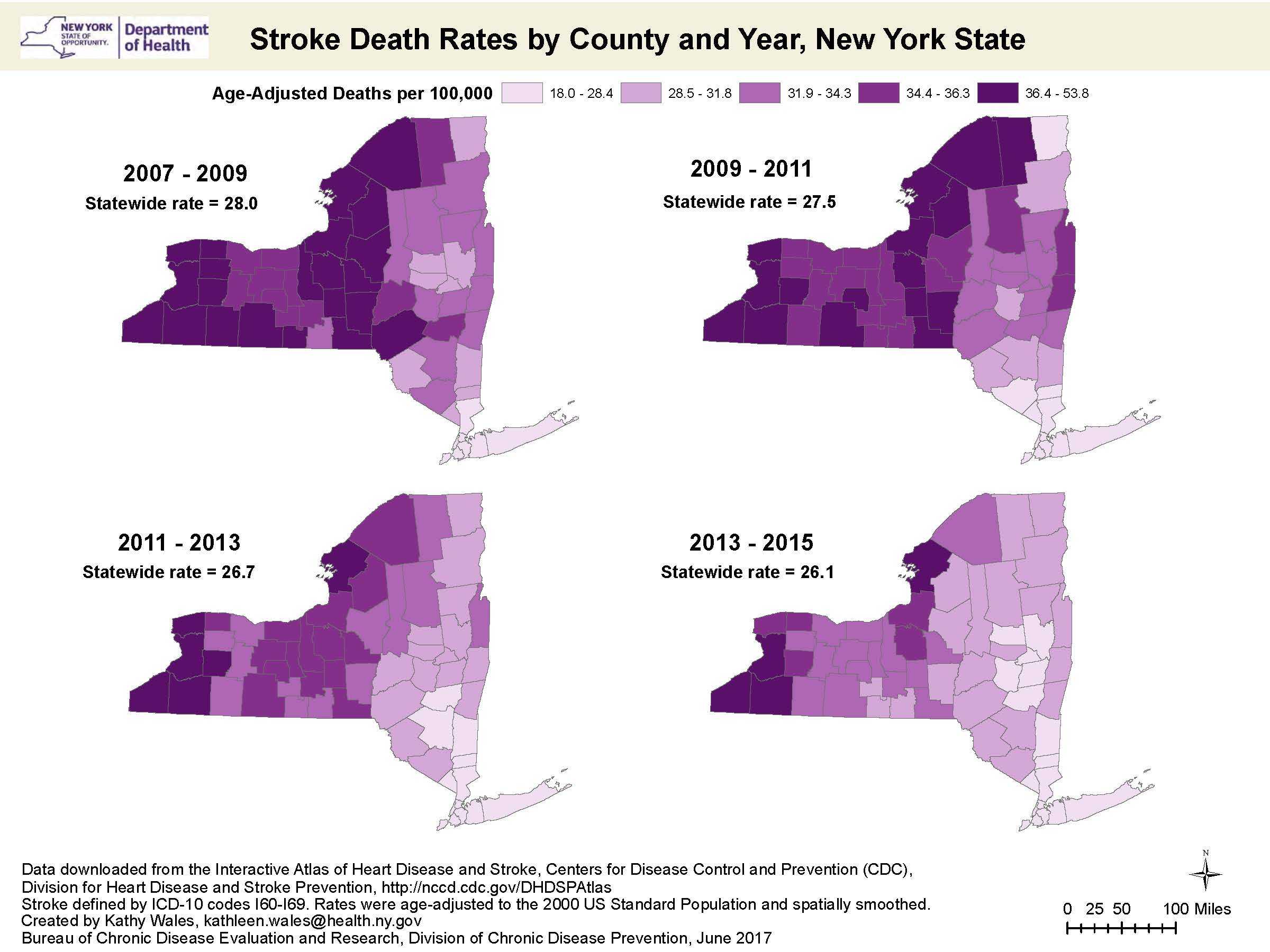 Stroke Death Rates by County and Year, New York State