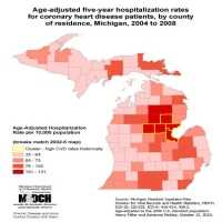 Age-adjusted five-year hospitalization ratesfor coronary heart disease patients, by countyof residence, Michigan, 2004 to 2008