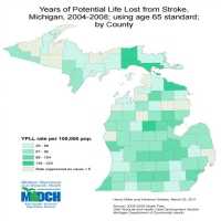 Years of Potential Life Lost from Stroke,Michigan, 2004-2008; using age 65 standard;by County