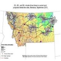 30-, 60-, and 90-minute drive times to current and projected telestroke sites, Montana, September 2010.