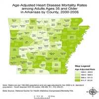 Age-Adjusted Heart Disease Mortality Rates among Adults Ages 35 and Older in Arkansas by County, 2000-2006