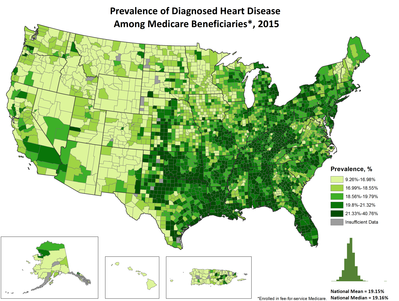 Prevalence of Diagnosed Heart Disease Among Medicare Beneficiaries Enrolled in Fee-for-Service Medicare, 2015, by county. This map shows the concentrations of counties with the highest prevalence for heart disease – meaning the top quintile – are located primarily in Louisiana, Alabama, Tennessee, Oklahoma, West Virginia, Ohio, Pennsylvania, and New York, with pockets located along the eastern seaboard, Michigan, Arkansas, Arkansas, Missouri, and Nebraska.