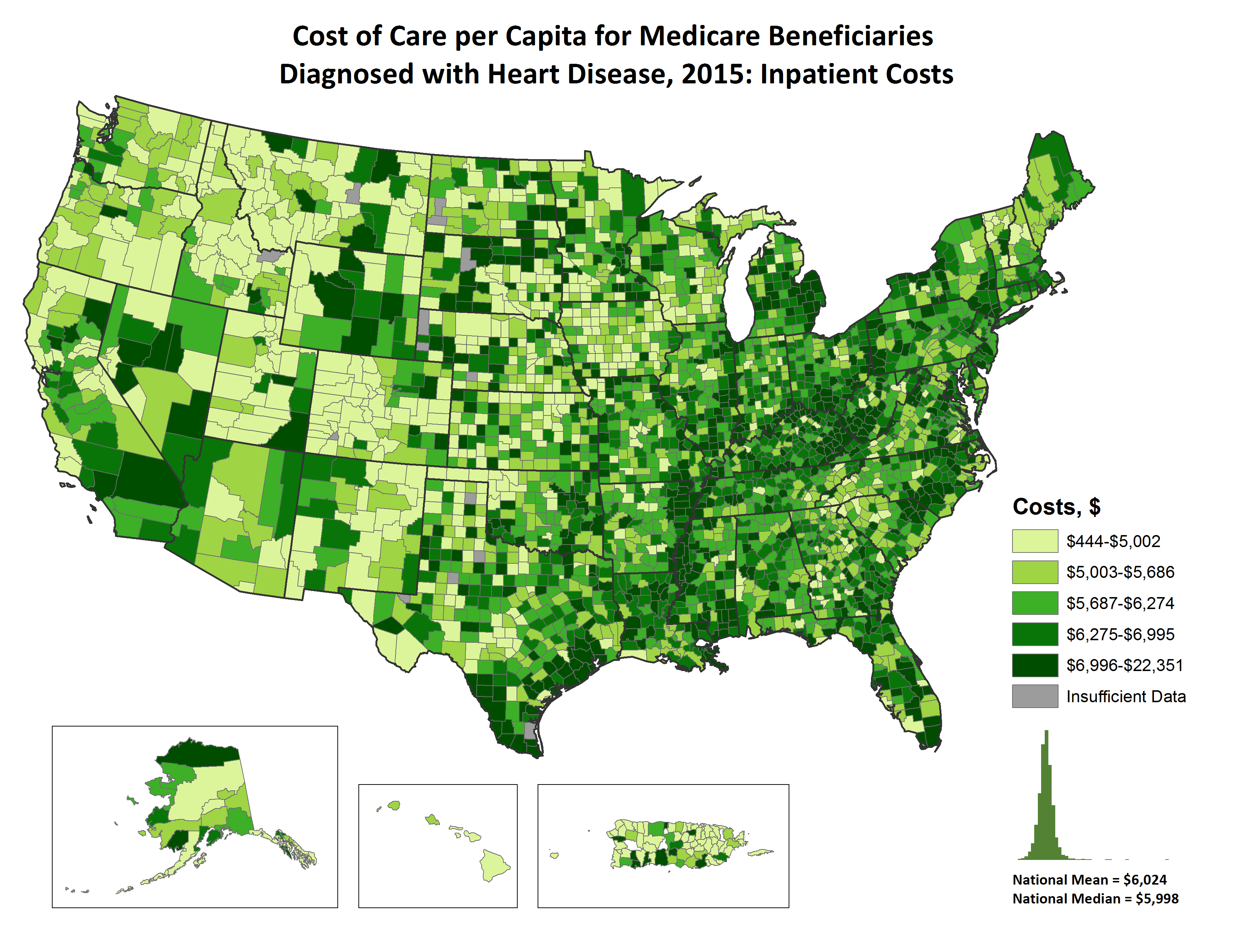 Costs of Care per Capita for FFS Medicare beneficiaries diagnosed with Heart Disease, 2015: Inpatient Costs, by county. This map shows the concentrations of counties with the highest inpatient costs per capita – meaning the top quintile – are located primarily in pockets of south Texas, North Carolina, Kentucky, Michigan, central California, Nevada, Arkansas, Missouri, Ohio, Florida, Pennsylvania, and New York. 