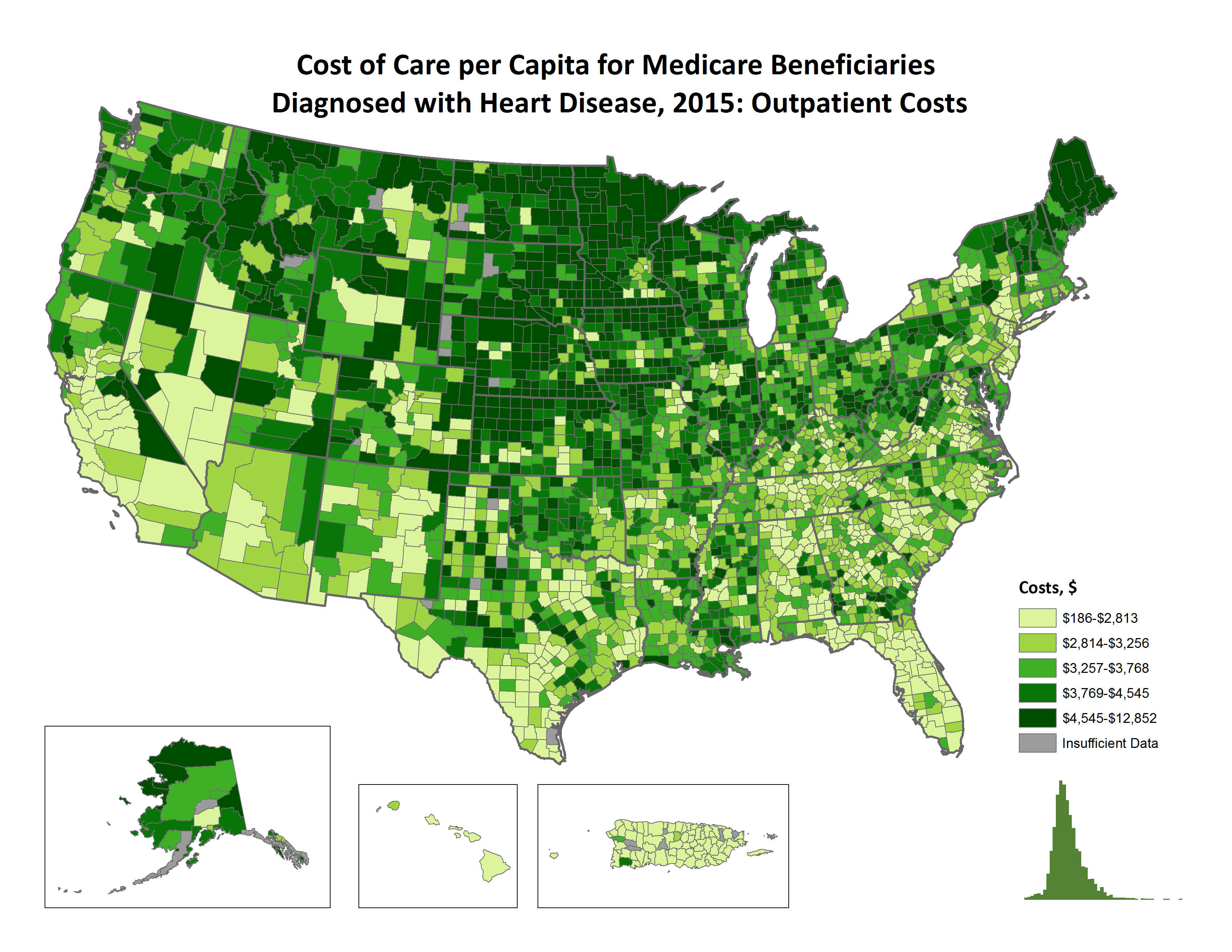 Costs of Care per Capita for FFS Medicare beneficiaries diagnosed with Heart Disease, 2015: Outpatient Costs, by county. This map shows the concentrations of counties with the highest outpatient costs per capita – meaning the top quintile – are located primarily in Minnesota, North Dakota, Montana, Idaho, South Dakota, Iowa, Kansas, Nebraska, Maine, with pockets in Nevada, east central California, Oregon, and Washington.