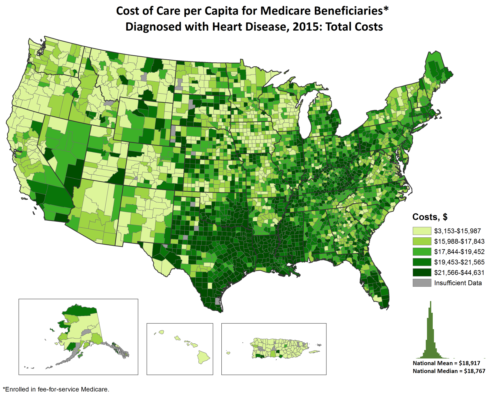 Costs of Care per Capita for FFS Medicare beneficiaries diagnosed with Heart Disease, 2015: Total Costs, by county. This map shows the concentrations of counties with the highest total costs per capita  – meaning the top quintile – are located primarily in Texas, Louisiana, Oklahoma, Mississippi, Florida, and West Virginia, with pockets in Pennsylvania, Michigan, Nevada, and Utah. 