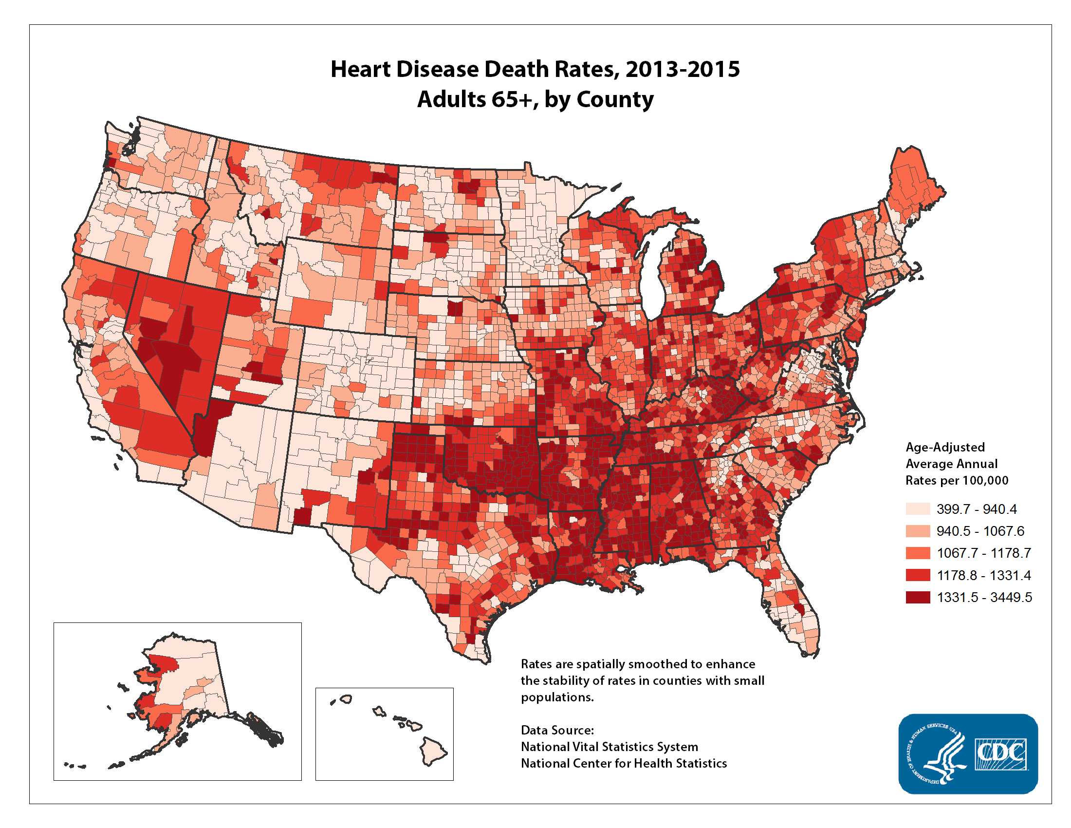 Heart Disease Death Rates for 2012 through 2014 for Adults Aged 65 Years and Older by County. The map shows that concentrations of counties with the highest heart disease death rates - meaning the top quintile - are located primarily in Mississippi, Oklahoma, Arkansas, Louisiana, and Alabama.  Pockets of high-rate counties also were found in New York, Michigan, West Virginia, Kentucky, Tennessee, Georgia, Missouri, and Nevada.