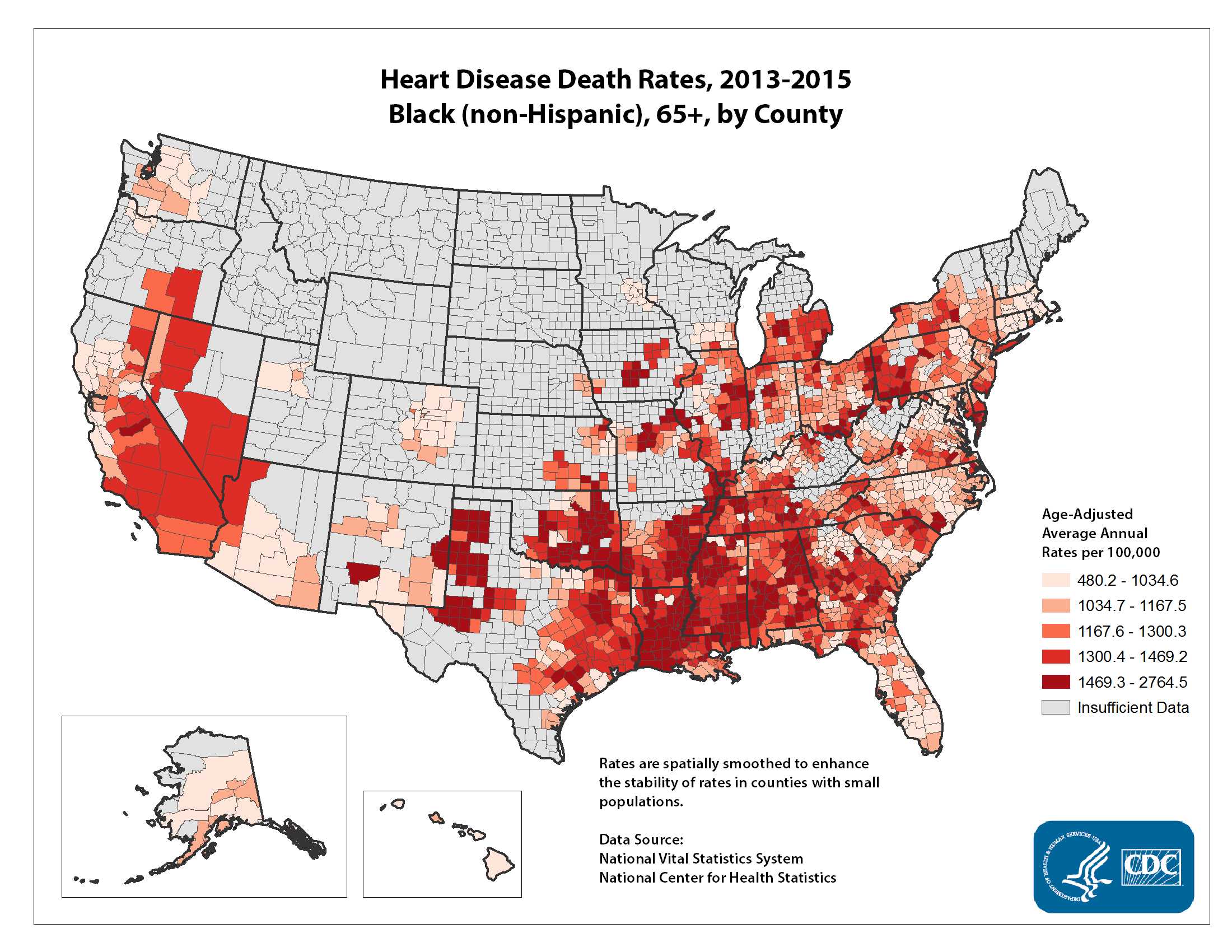 Heart Disease Death Rates for 2012 through 2014 for Blacks Aged 65 Years and Older by County. The map shows that concentrations of counties with the highest heart disease death rates for Blacks - meaning the top quintile - are located primarily in Mississippi, Alabama, Louisiana, and Oklahoma.  Pockets of high-rate counties also were found in parts of California, Georgia, Arkansas, and Texas.