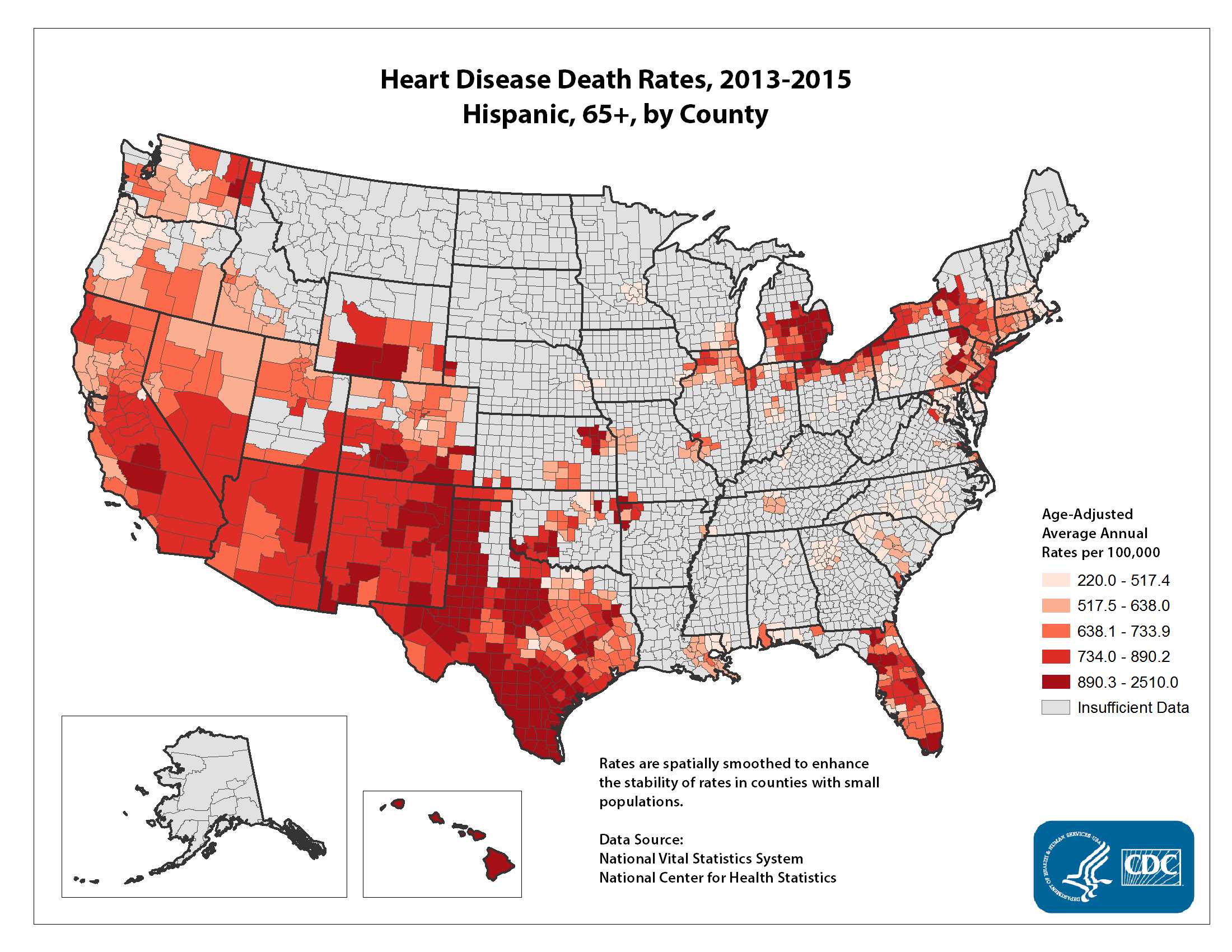Heart Disease Death Rates for 2012 through 2014 for Hispanics Aged 65 Years and Older by County. The map shows that concentrations of counties with the highest heart disease death rates - meaning the top quintile - are located primarily in Hawaii, Wyoming, and Texas.  Pockets of high-rate counties also were found in parts of Michigan, Colorado, California, and New Mexico.