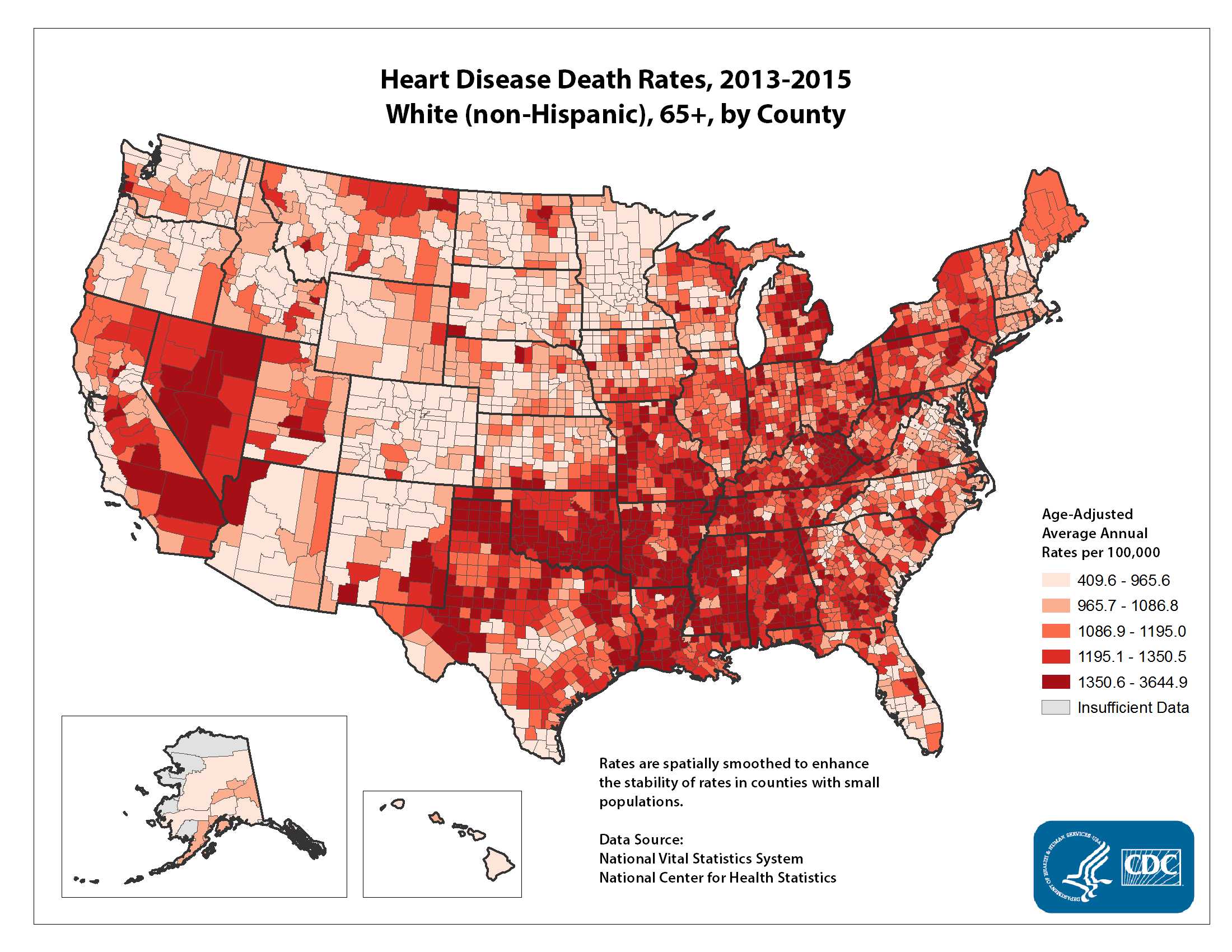 Heart Disease Death Rates for 2012 through 2014 for Whites Aged 65 Years and Older by County. The map shows that concentrations of counties with the highest heart disease death rates - meaning the top quintile - are located primarily in Mississippi, Oklahoma, Arkansas, Louisiana, and Alabama.  Pockets of high-rate counties also were found in Georgia, Kentucky, Tennessee, Missouri, Michigan, Nevada, Texas, and California.