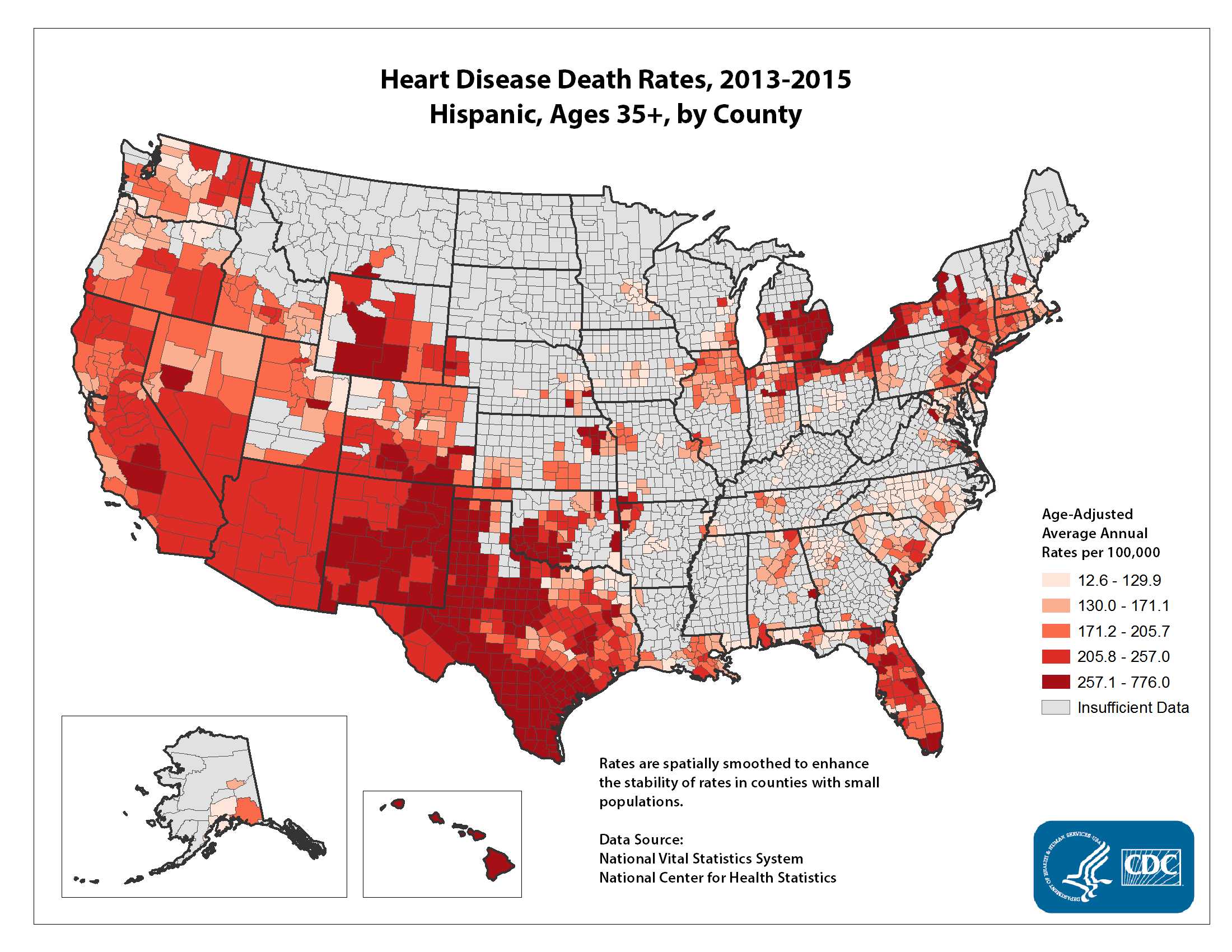 Heart Disease Death Rates for 2012 through 2014 for Hispanics Aged 35 Years and Older by County. The map shows that concentrations of counties with the highest heart disease death rates - meaning the top quintile - are located primarily in Hawaii, Texas, and New Mexico.  Pockets of high-rate counties also were found in parts of Wyoming, Michigan, New York, and California.