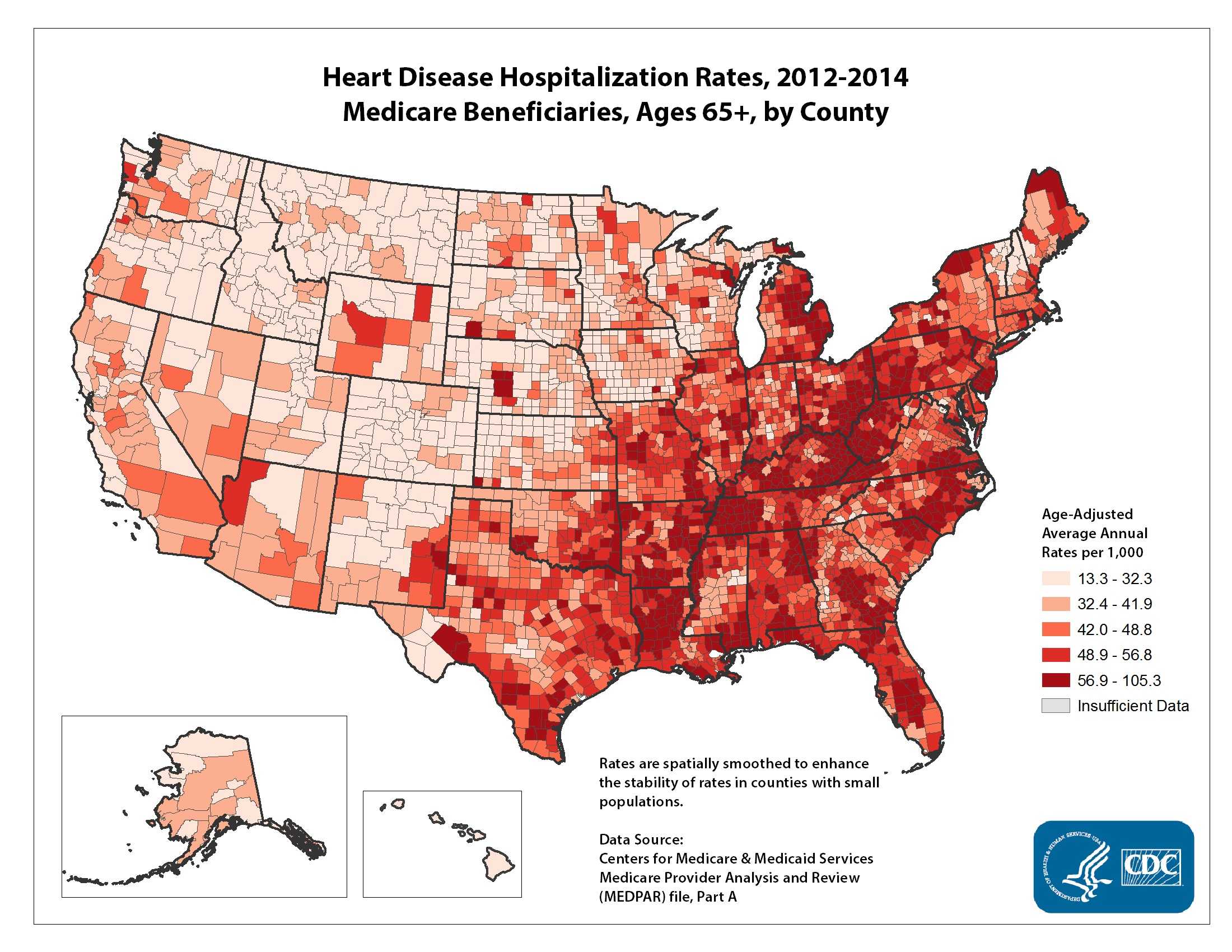 Heart Disease Hospitalization Rates for 2010 through 2012 for Adults Aged 65 Years and Older by County. The map shows that concentrations of counties with the highest heart disease hospitalization rates - meaning the top quintile - are located primarily in Louisiana, Kentucky, West Virginia, Pennsylvania, and Tennessee. Pockets of high-rate counties also were found in Alabama, Georgia, North Carolina, Mississippi, Arkansas, Missouri, Texas, and Michigan.