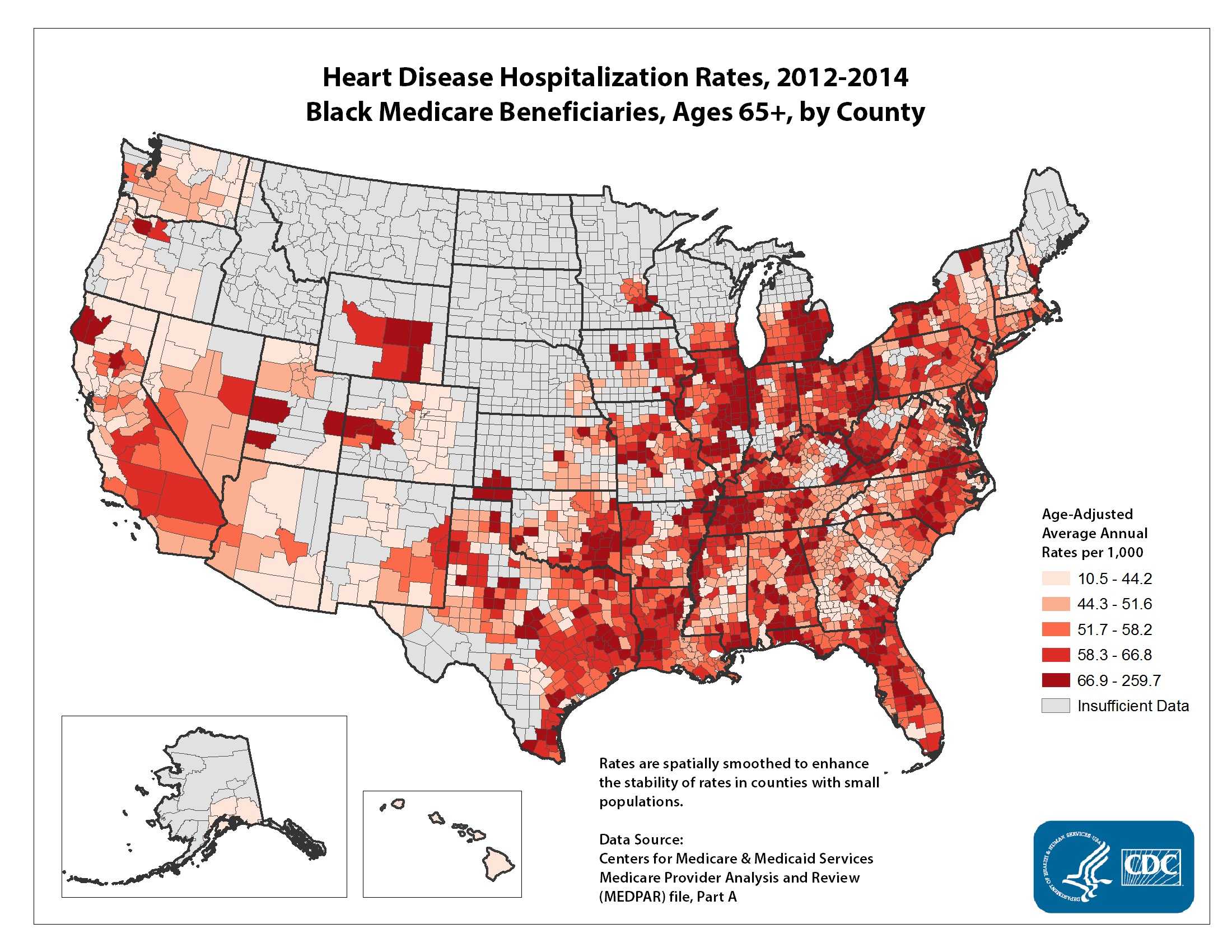Heart Disease Hospitalization Rates for 2010 through 2012 for Blacks Aged 65 Years and Older by County. The map shows that pockets of counties with high heart disease hospitalization rates – meaning the top quintile - are located in Texas, Colorado, Louisiana, Pennsylvania, Ohio, Michigan, Illinois, West Virginia, Kentucky, Tennessee, Alabama, North Carolina, Arkansas, and Missouri.