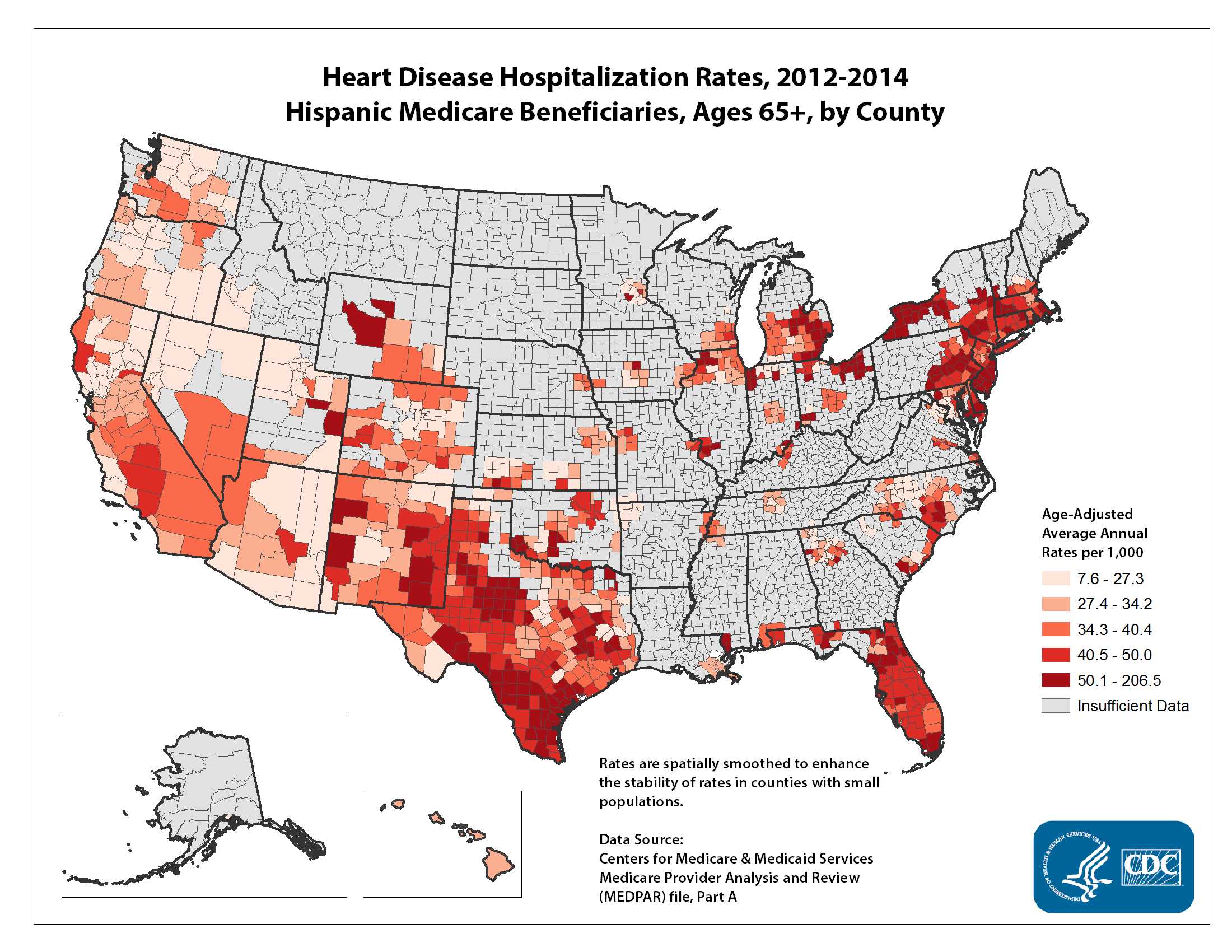 Heart Disease Hospitalization Rates for 2010 through 2012 for Hispanics Aged 65 Years and Older by County. The map shows that concentrations of counties with the highest heart disease hospitalization rates - meaning the top quintile - are located primarily in parts of Texas, Michigan, Ohio, New York, New Jersey, and Pennsylvania.