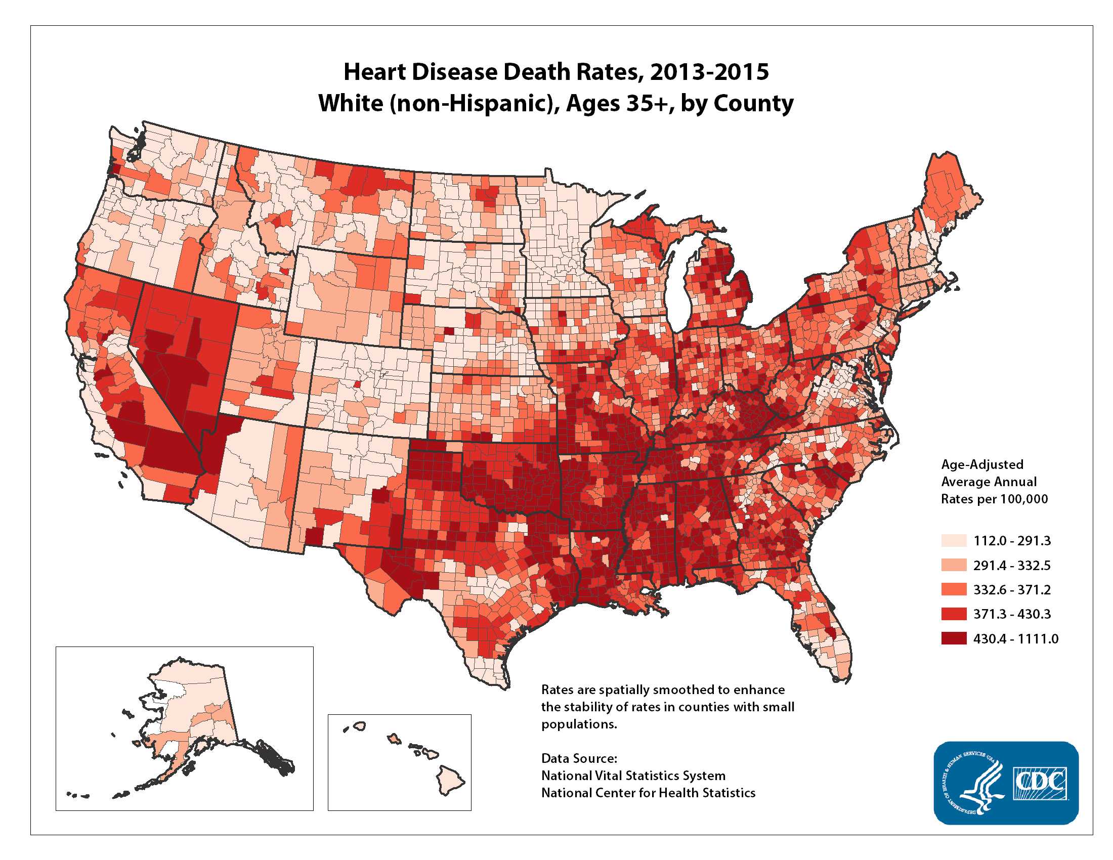 Heart Disease Death Rates for 2012 through 2014 for Whites Aged 35 Years and Older by County. The map shows that concentrations of counties with the highest heart disease death rates - meaning the top quintile - are located primarily in Alabama, Mississippi, Louisiana, Arkansas, Oklahoma, Kentucky, and Tennessee.  Pockets of high-rate counties also were found in Georgia, South Carolina, Missouri, California, Nevada, Texas, and New Mexico.