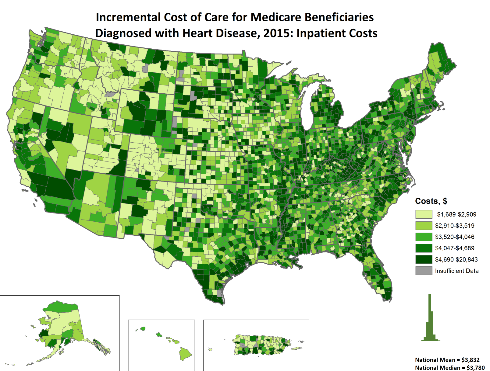 Incremental Costs of Care per Capita for FFS Medicare beneficiaries diagnosed with Heart Disease, 2015: Inpatient Costs, by county. This map shows the concentrations of counties with the highest incremental inpatient costs per capita – meaning the top quintile – are located primarily in southern California, southern Texas, Kentucky, North Carolina, Michigan, Wyoming, and South Dakota, with pickets of counties in New York, Pennsylvania, Ohio, Illinois, Mississippi, Arkansas, West Virginia, Virginia, Montana, North Dakota, and Minnesota. 