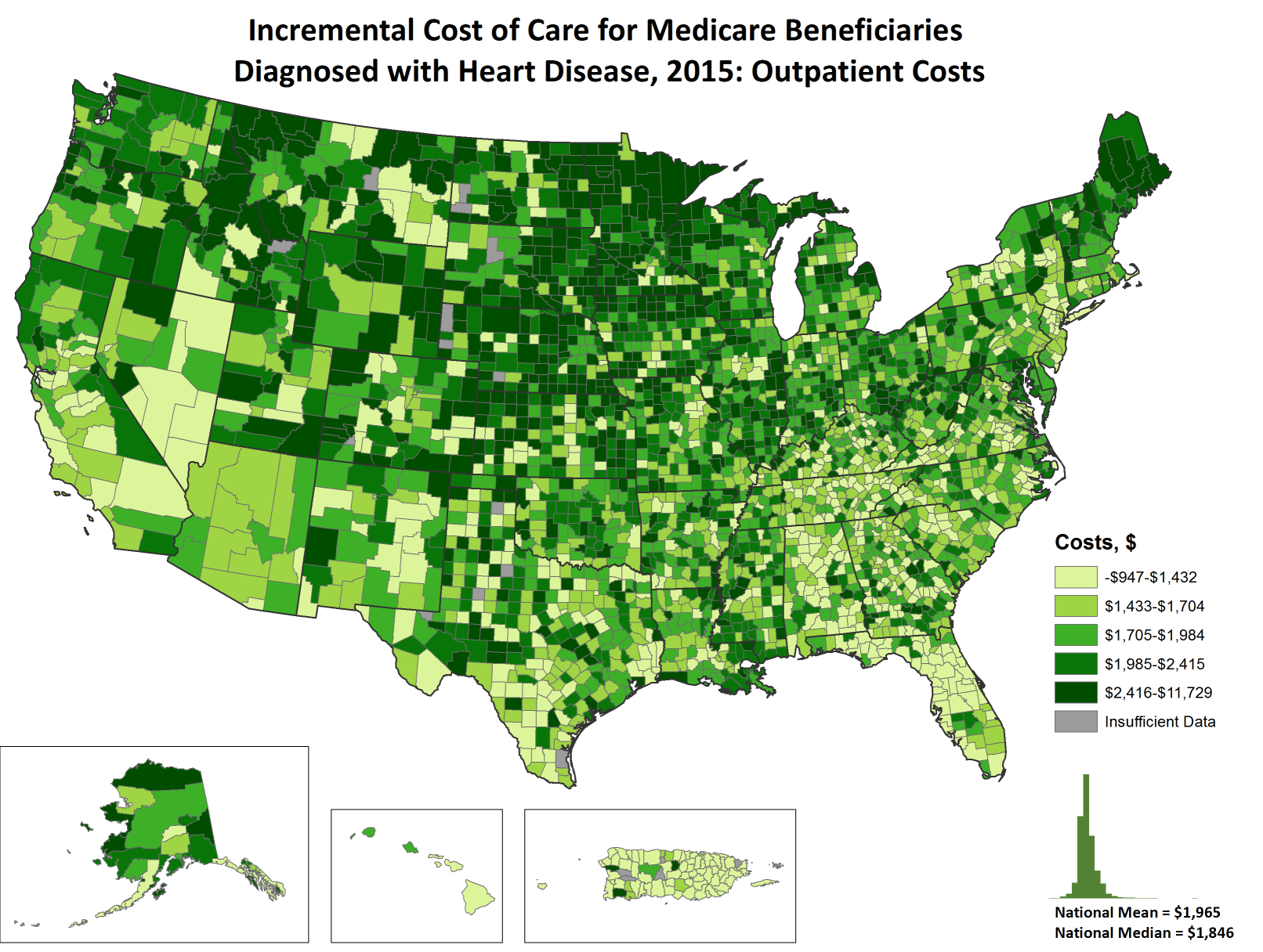 Incremental Costs of Care per Capita for FFS Medicare beneficiaries diagnosed with Heart Disease, 2015: Outpatient Costs, by county. This map shows the concentrations of counties with the highest incremental outpatient costs per capita  – meaning the top quintile – are located primarily in Montana, Idaho, North Dakota, Maine, Minnesota, Alaska, and South Dakota, with pockets located in Utah, Texas, Michigan, Wisconsin, Iowa, Kansas, Nebraska, Colorado, Wyoming, and Oregon.