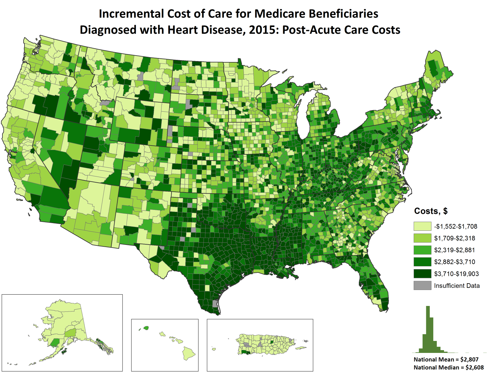 Incremental Costs of Care per Capita for FFS Medicare beneficiaries diagnosed with Heart Disease, 2015: Post Acute Care Costs, by county. This map shows the concentrations of counties with the highest incremental post acute care costs per capita – meaning the top quintile – are located primarily in Texas, Oklahoma, Louisiana, and Mississippi, with pockets located in southeastern Oregon, Nevada, Wyoming, Pennsylvania, Florida, Tennessee, and Kentucky.