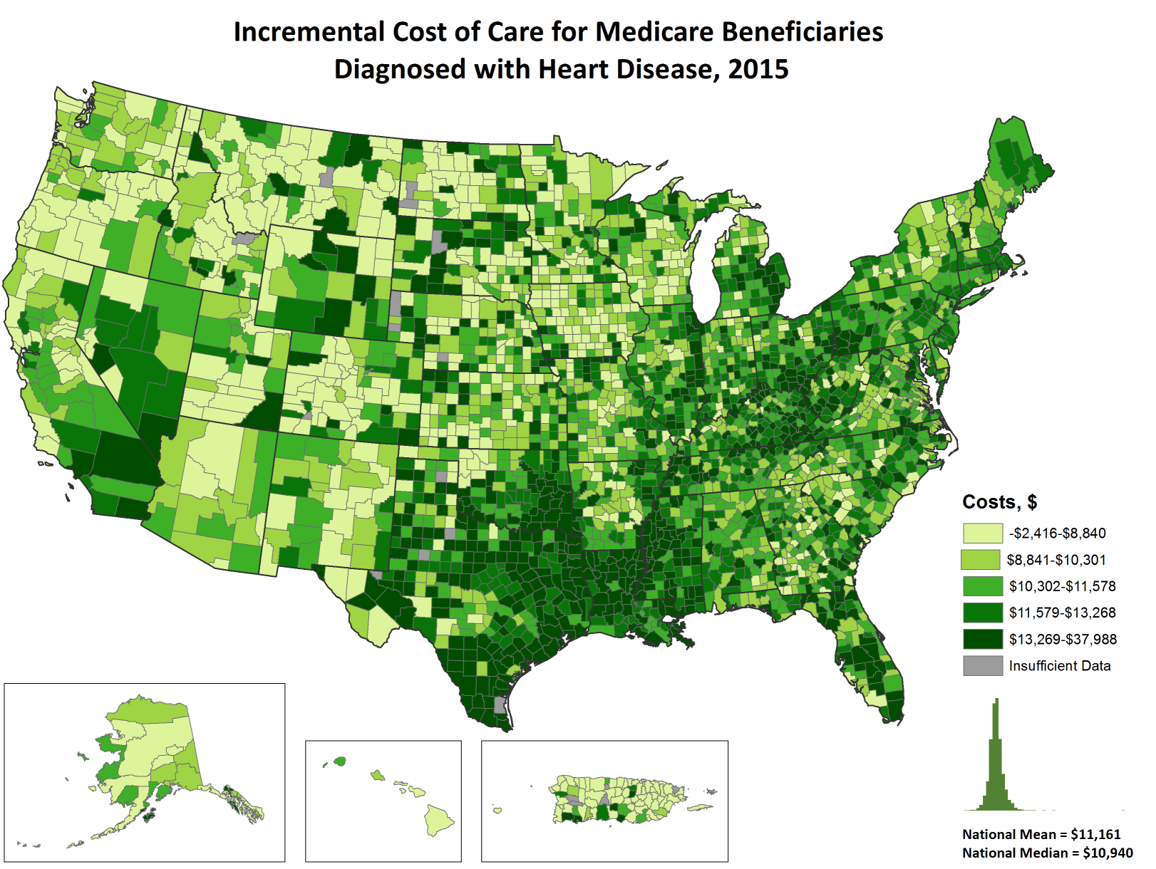 Incremental Costs of Care per Capita for FFS Medicare beneficiaries diagnosed with Heart Disease, 2015: Total Costs, by county. This map shows the concentrations of counties with the highest incremental total costs per capita – meaning the top quintile – are located primarily in Texas, Oklahoma, Louisiana, Mississippi, Ohio, Kentucky, Pennsylvania, Michigan, and Florida, with pockets located in southern California, Nevada, Wyoming, South Dakota, southeastern Utah, eastern Illinois, and West Virginia.