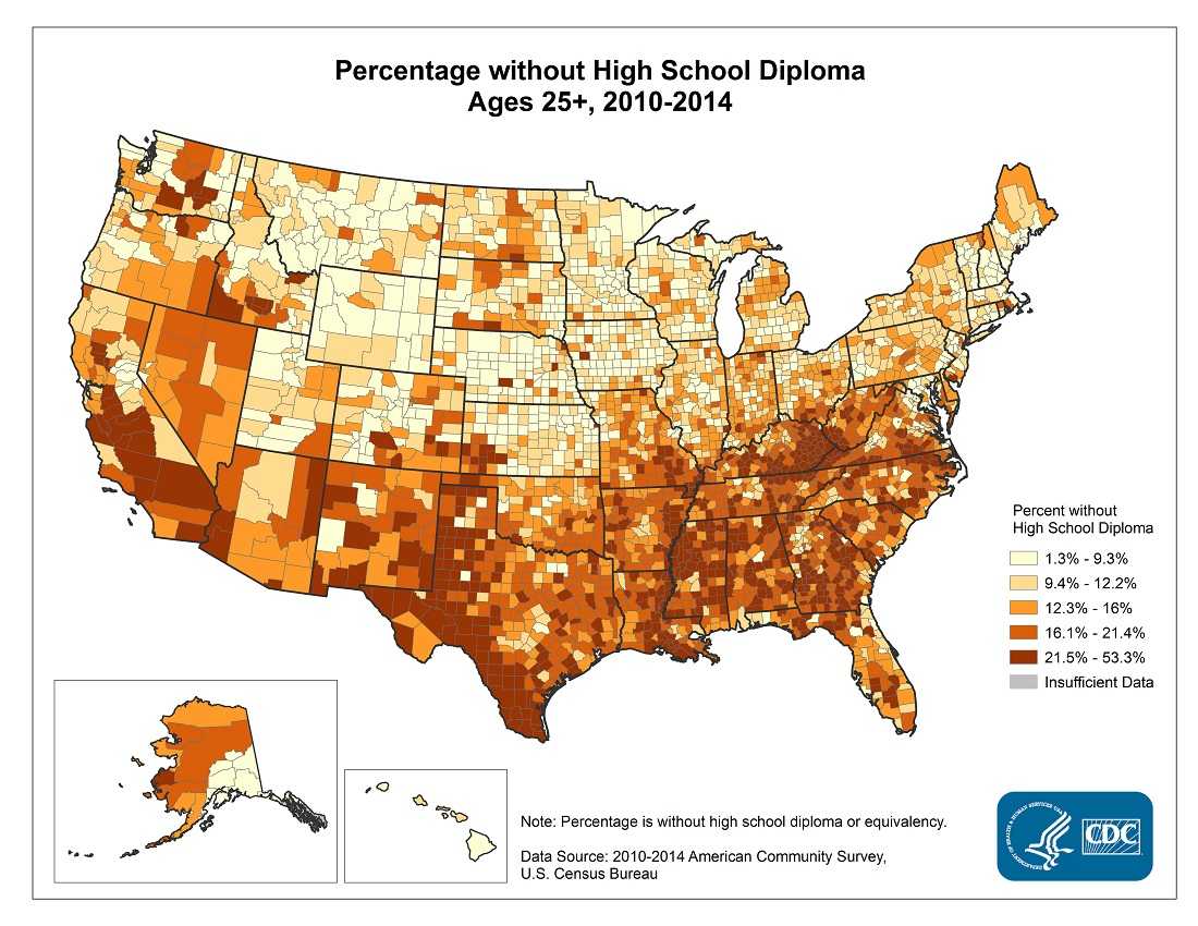 Percentage without High School Diploma Ages 25+, 2010-2014. Counties with the highest percentage without a high school diploma for 2010-2014 were located primarily in southwestern Texas, central California, the lower Mississippi River area, the Appalachian Region of Kentucky, and rural Alabama and Georgia. The range in the percentage of the population ages 25 and older with less than a high school degree was between 1.3% and 53.3%.