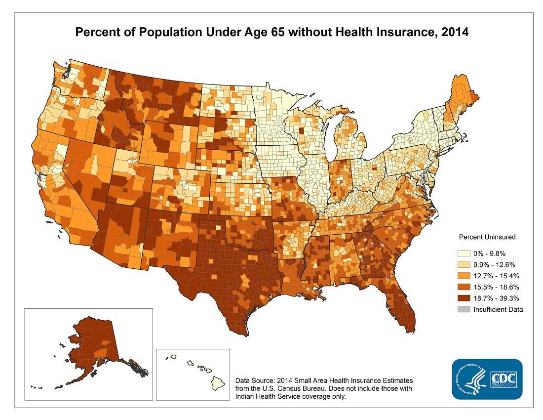 Percent Population under Age 65 without Health Insurance, 2014. Counties with the highest percentage of the population under age 65 without health insurance in 2014 were located primarily in Alaska, Texas, Georgia, Florida, Montana, New Mexico, and Arizona. The range in the percentage without health insurance was between 0% and 39.3%.