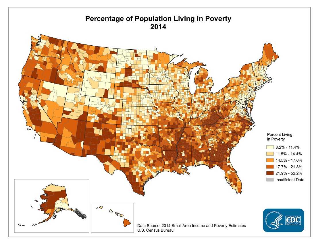 Percentage of population living in poverty, 2014. Counties with the highest percentage of the population living in poverty in 2014 were located primarily in Mississippi, southern Georgia, eastern Kentucky, and parts of Alaska, New Mexico, southern Texas, and Alabama. The range in the percentage living in poverty was between 3.2% and 52.2%.