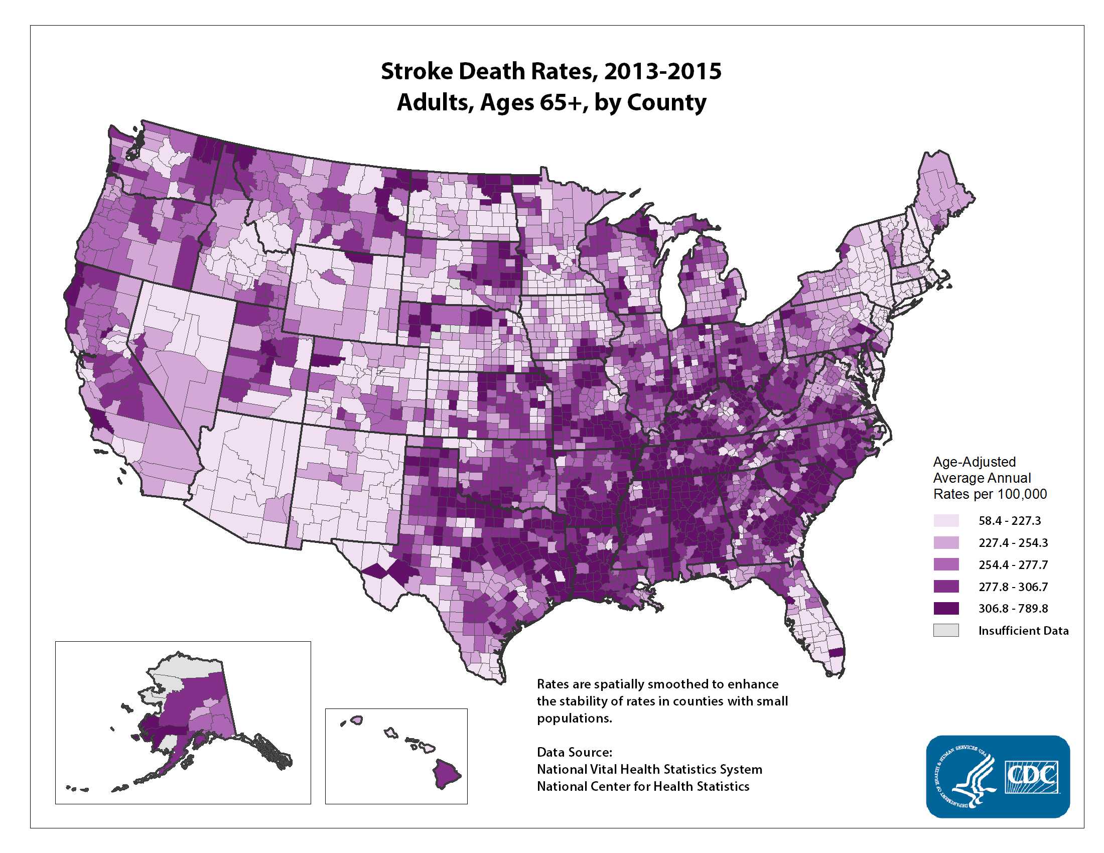 Stroke Death Rates for 2012 through 2014 for Adults Aged 65 Years and Older by County. The map shows that concentrations of counties with the highest stroke death rates - meaning the top quintile - are located primarily in the Southeast, with heavy concentrations of high-rate counties in Arkansas, Kentucky, West Virginia, Alabama, and South Carolina. Pockets of high-rate counties also are found in Oklahoma, parts of Texas, North Carolina, Tennessee, Utah, North Dakota, South Dakota, Kansas, Montana, California, and Alaska.