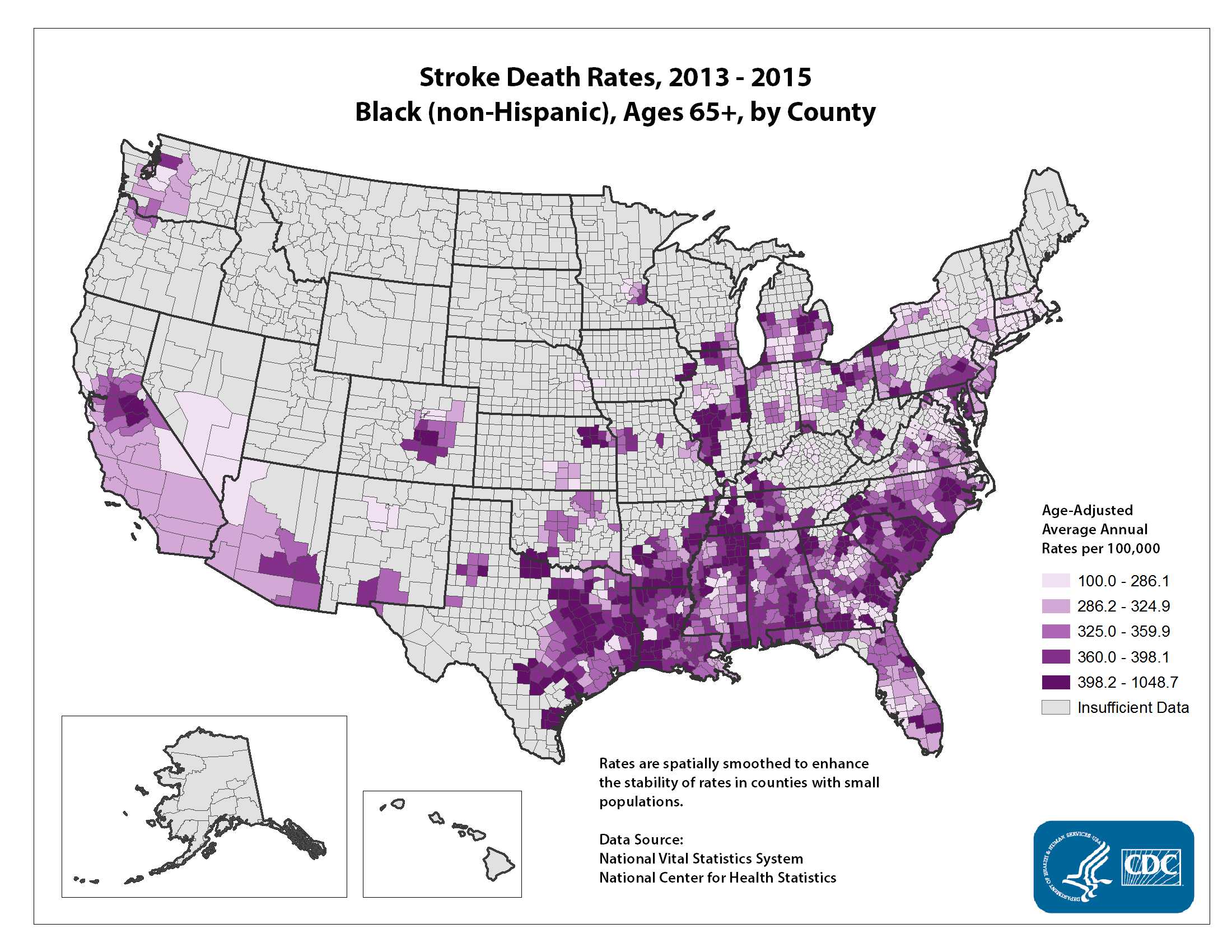 Stroke Death Rates for 2012 through 2014 for Blacks Aged 65 Years and Older by County. The map shows that concentrations of counties with the highest stroke death rates - meaning the top quintile - are located primarily in parts of the Southeast, Texas, Louisiana, and Arkansas. Pockets of high-rate counties also are found in Pennsylvania, North Carolina, South Carolina, Georgia, and Illinois.