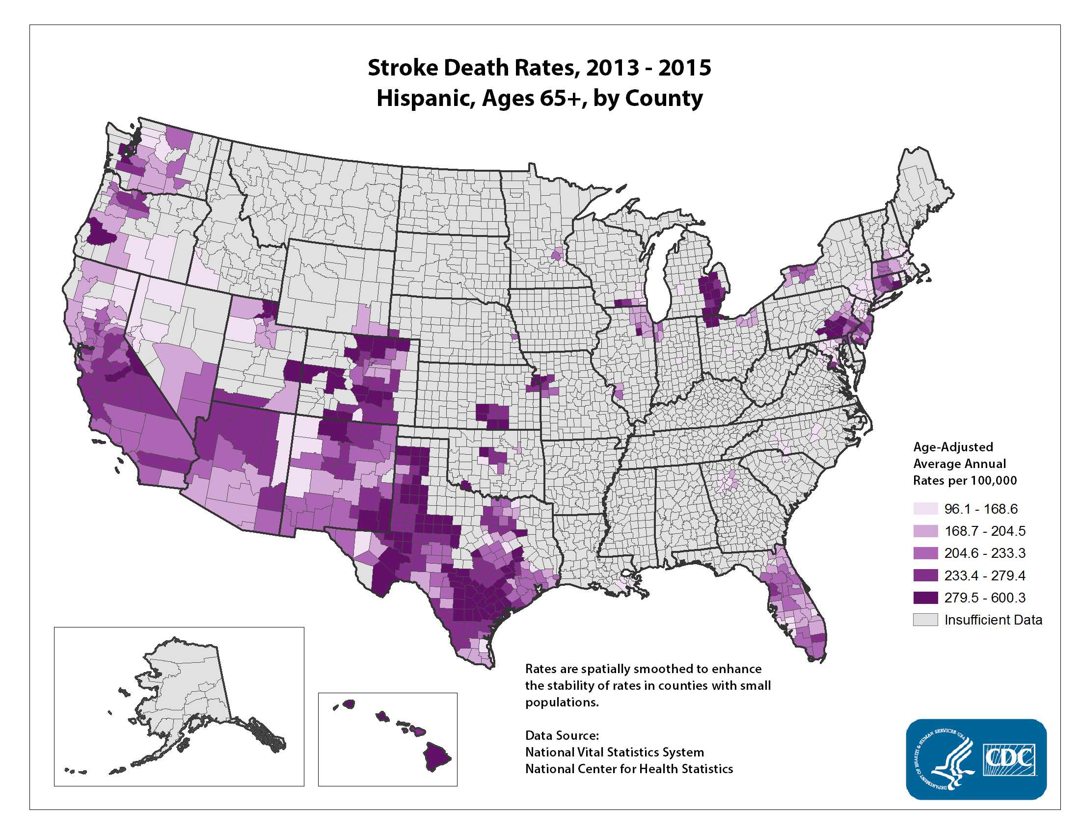 Stroke Death Rates for 2012 through 2014 for Hispanics Aged 65 Years and Older by County. The map shows that concentrations of counties with the highest stroke death rates - meaning the top quintile - are located primarily in Hawaii, Texas, and parts of Colorado and Pennsylvania. Pockets of high-rate counties are also found in California and Michigan.