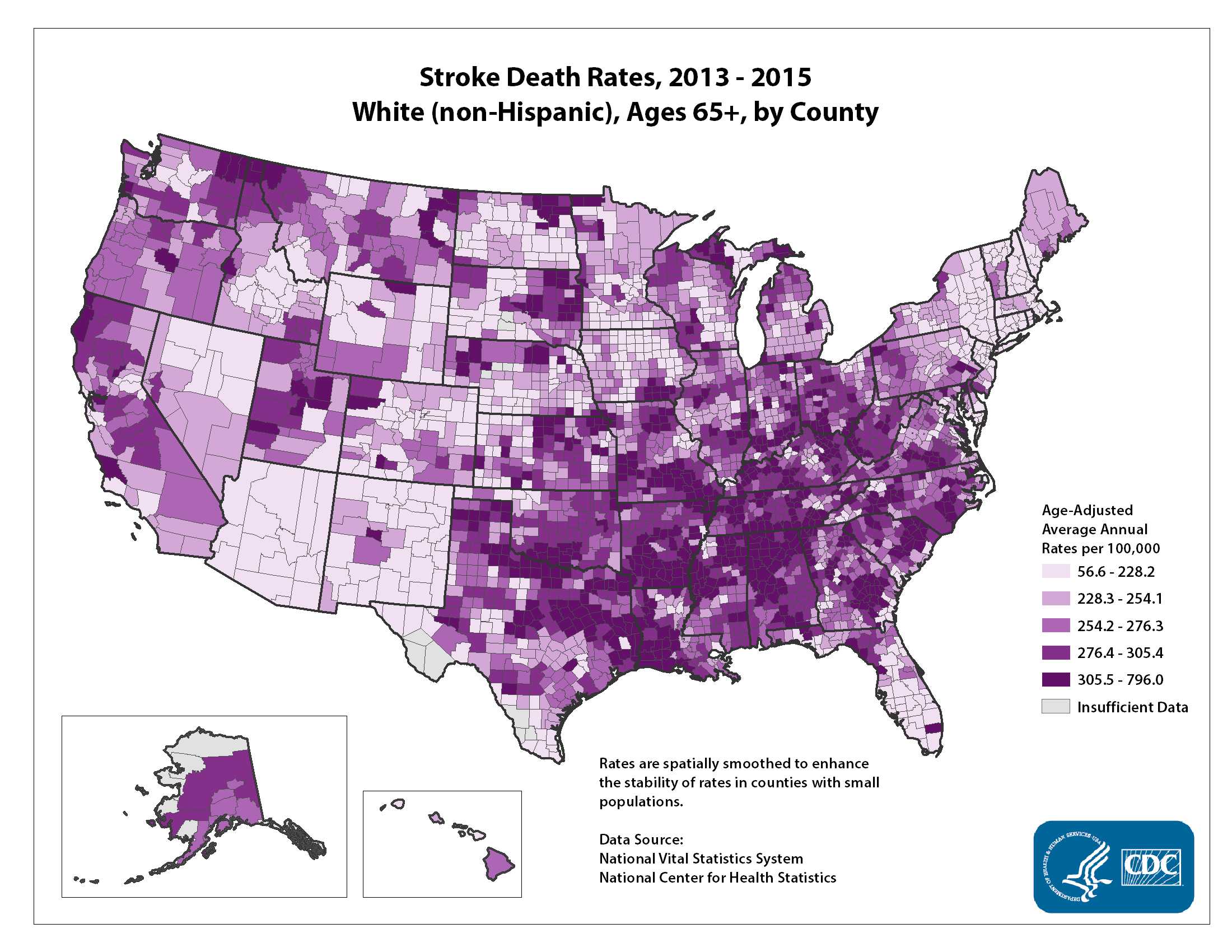 Stroke Death Rates for 2012 through 2014 for Whites Aged 65 Years and Older by County. The map shows that concentrations of counties with the highest stroke death rates - meaning the top quintile - are located primarily in the Southeast, with heavy concentrations of high-rate counties in Arkansas, West Virginia, and Kentucky. Pockets of high-rate counties also are found in Tennessee, Alabama, Louisiana, Mississippi, Oklahoma, North Dakota, South Dakota, Montana, Ohio, Michigan, northern Idaho, and the coastal plains of North Carolina, South Carolina, and Georgia.