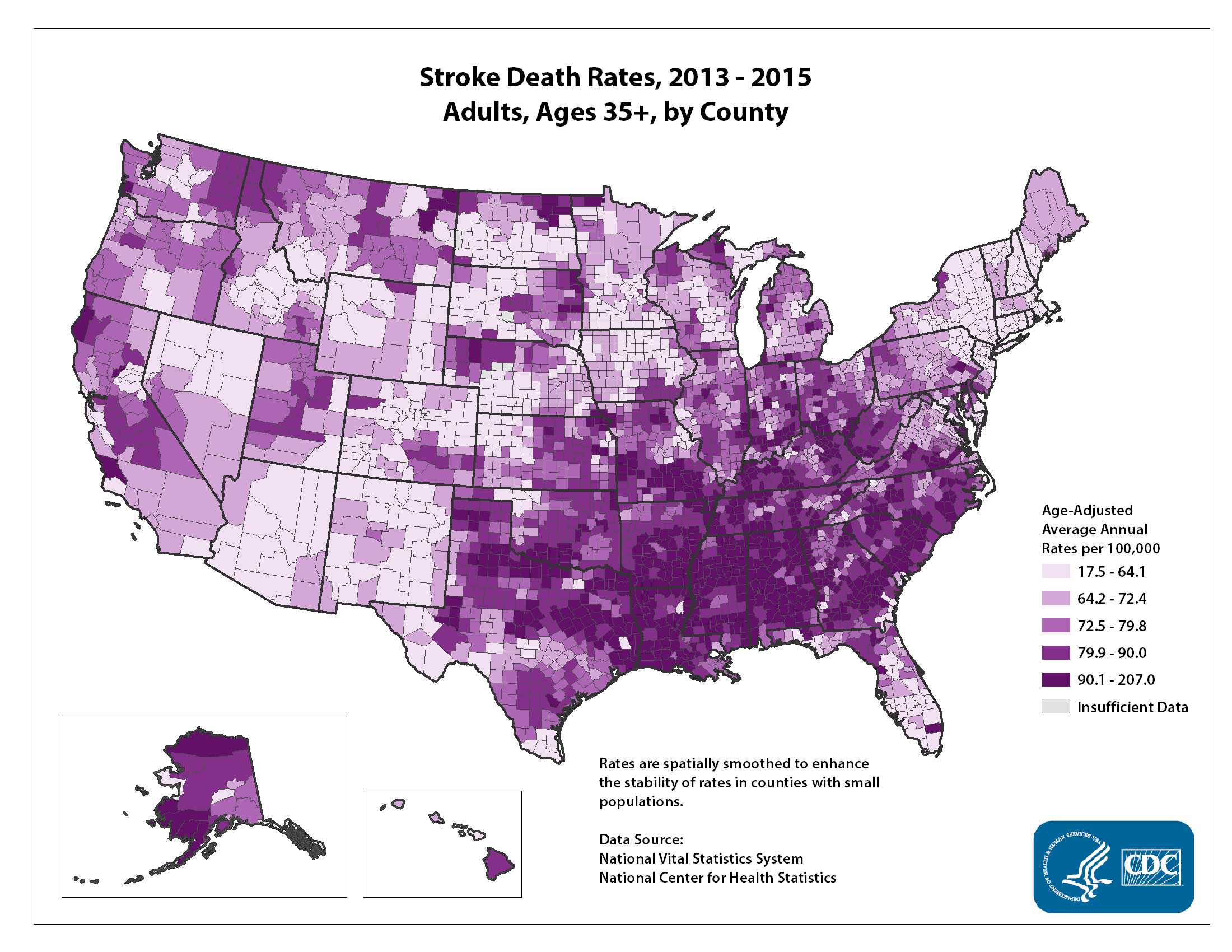 Stroke Death Rates for 2012 through 2014 for Adults Aged 35 Years and Older by County. The map shows that concentrations of counties with the highest stroke death rates - meaning the top quintile - are located primarily in the Southeast, with heavy concentrations of high-rate counties in Alabama, Mississippi, Louisiana, and, Arkansas. Pockets of high-rate counties also are found in Alaska, Georgia, Tennessee, Kentucky, Oklahoma, Texas, and along the coastal plains of North Carolina and South Carolina.