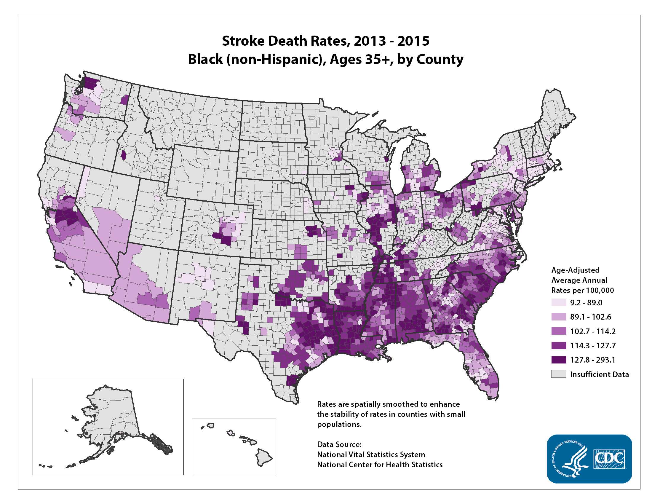 Stroke Death Rates for 2012 through 2014 for Blacks Aged 35 Years and Older by County. The map shows that concentrations of counties with the highest stroke death rates - meaning the top quintile - are located primarily in parts of Texas, Louisiana, and Illinois. Pockets of high-rate counties also are found in West Virginia, Georgia, South Carolina, Oklahoma and New York.