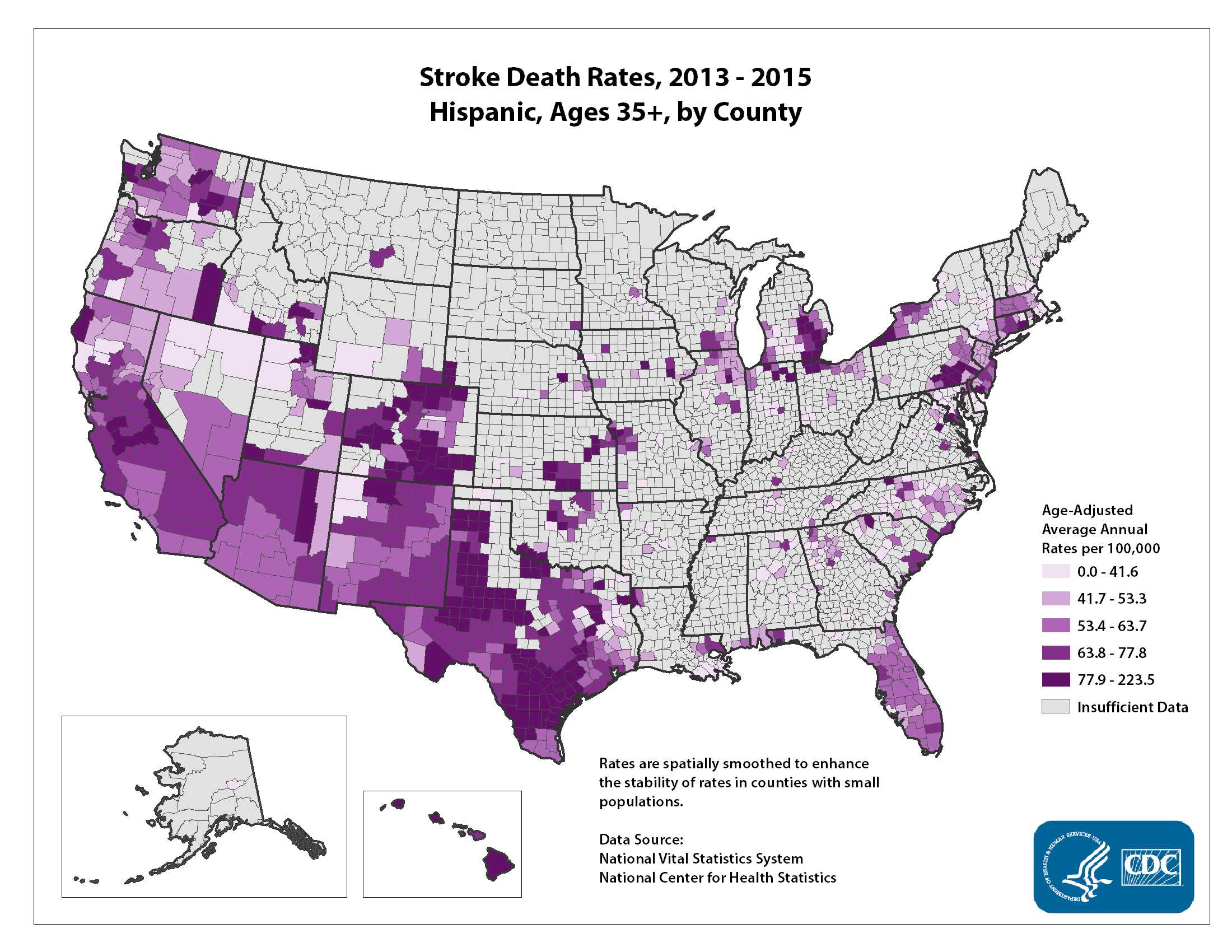 Stroke Death Rates for 2012 through 2014 for Hispanics Aged 35 Years and Older by County. The map shows that concentrations of counties with the highest stroke death rates - meaning the top quintile - are located primarily in Hawaii, Texas, and Colorado. Pockets of high-rate counties also are found in Oklahoma, California, and Indiana.