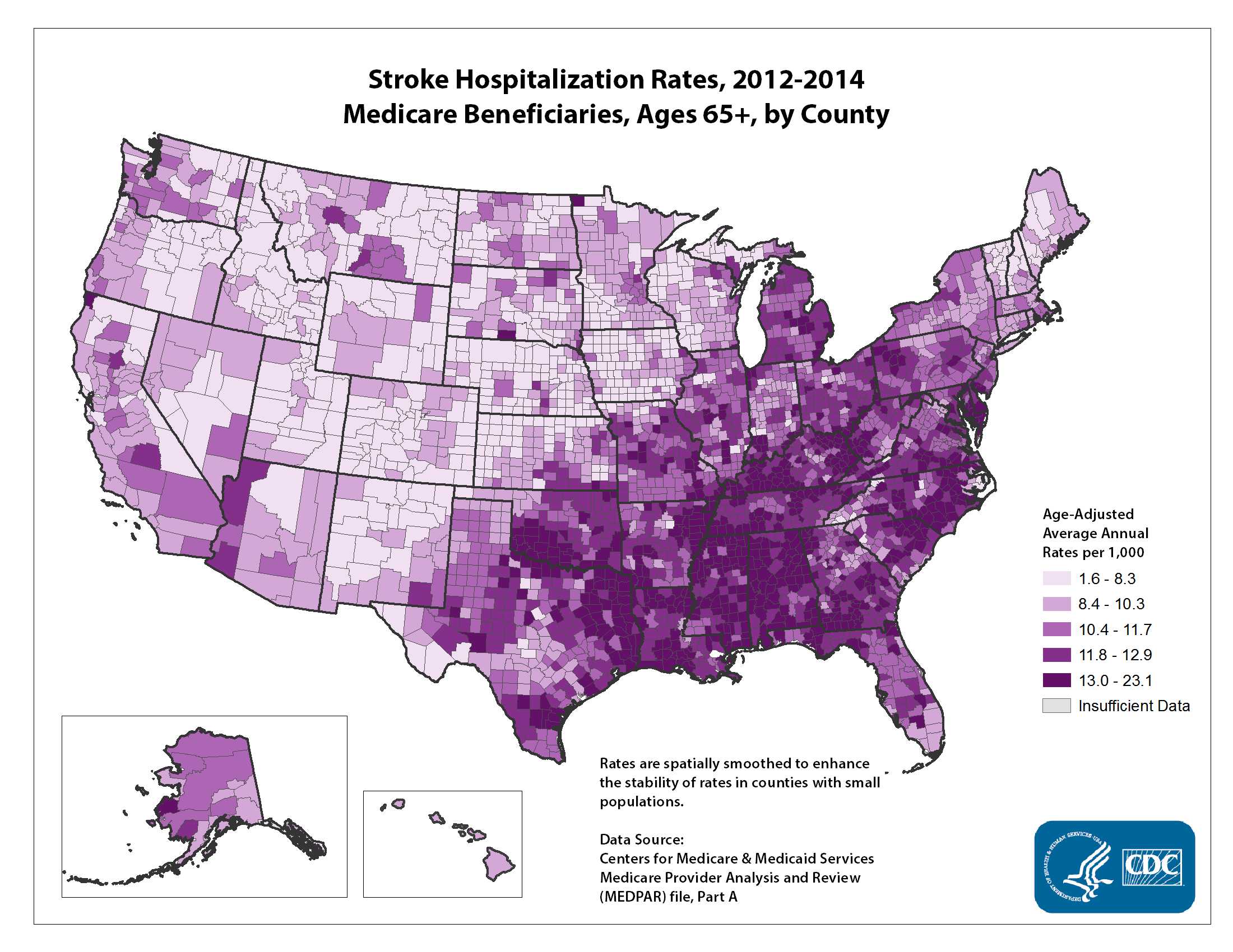 Stroke Hospitalization Rates for 2010 through 2012 for Adults Aged 65 Years and Older by County. The map shows that concentrations of counties with the highest stroke hospitalization rates - meaning the top quintile - are located primarily in the Southeast, with heavy concentrations of high-rate counties in Alabama, Mississippi, and Louisiana. Pockets of high-rate counties also are found in West Virginia, Kentucky, Tennessee, Arkansas, Oklahoma, Florida, Virginia, parts of Texas, and along the coastal plains of North Carolina, South Carolina, and Georgia.
